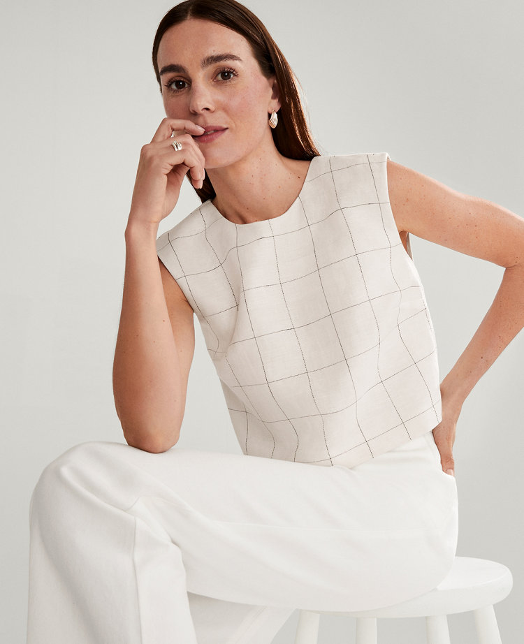The Button Back Cropped Top in Windowpane Linen Blend