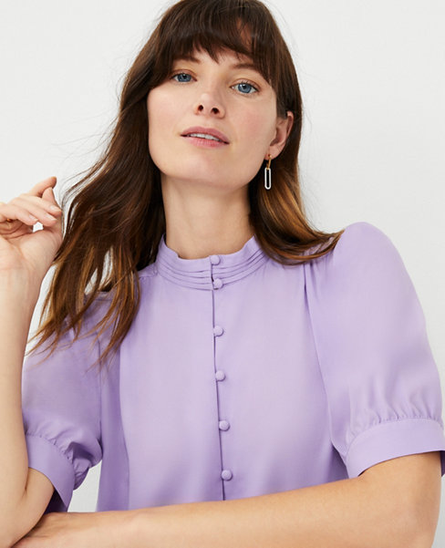 Pleated Mock Neck Button Top