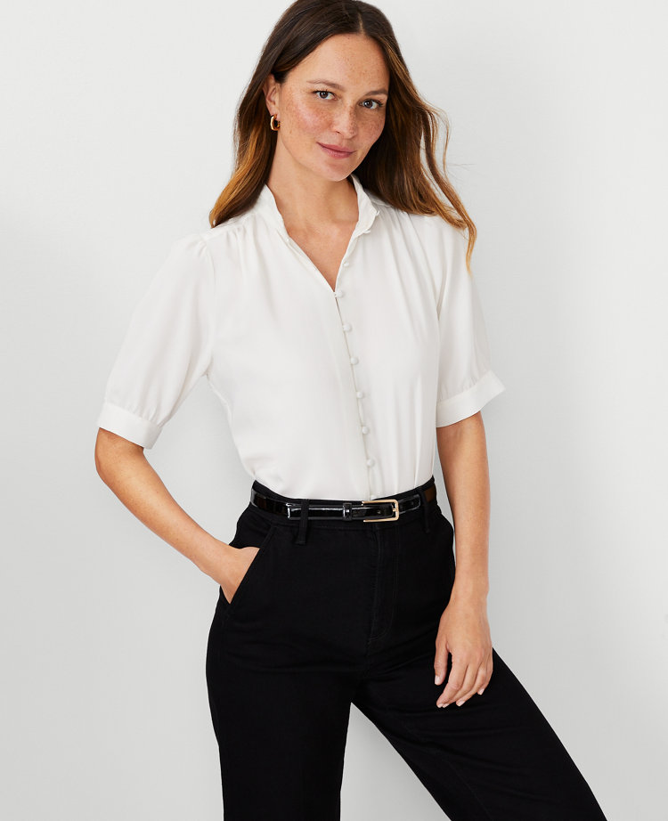 Pleated Mock Neck Button Top