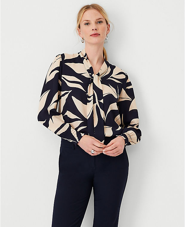 Leafed Mixed Media Tie Neck Blouse