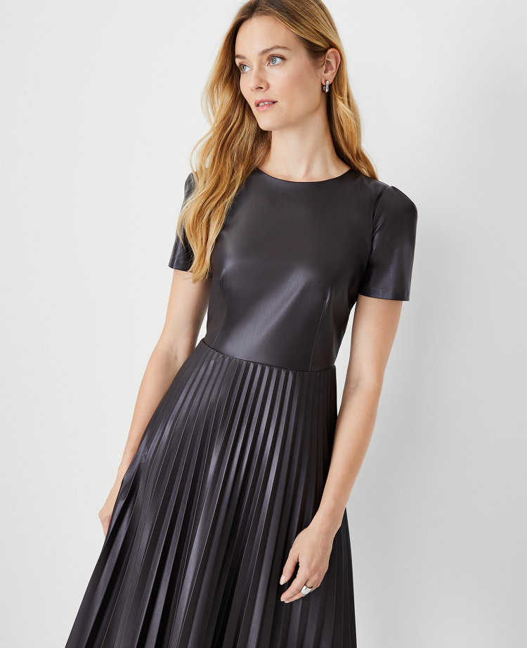 Faux Leather Pleated Flare Dress