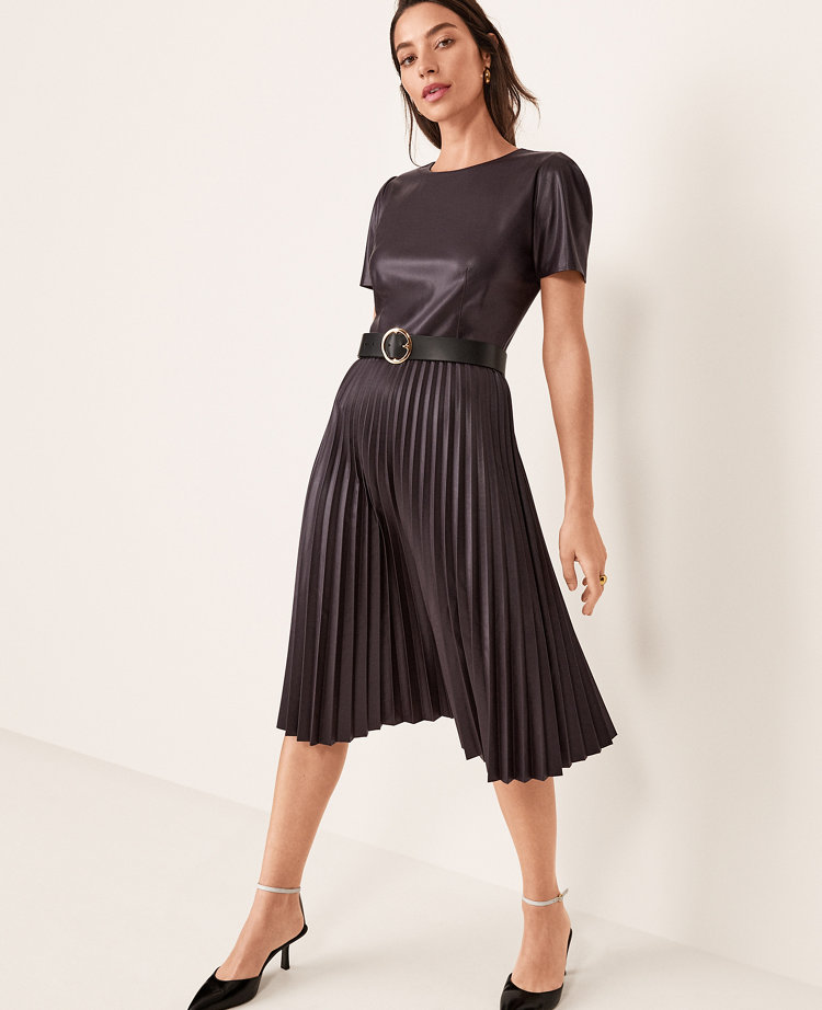 Faux Leather Pleated Flare Dress