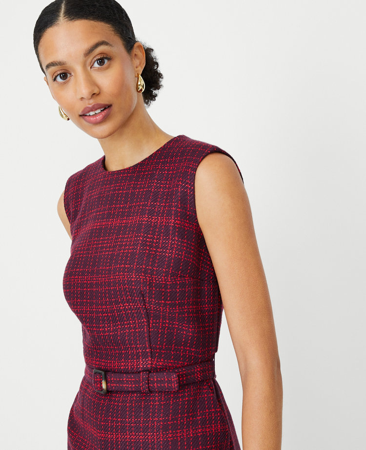 Pleated Hem Panel Tweed Belted Mini Dress