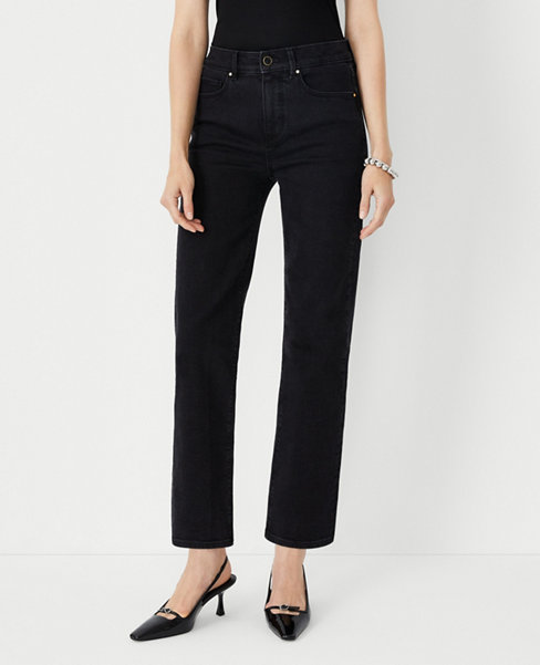 High Rise Straight Jeans in Washed Black Wash