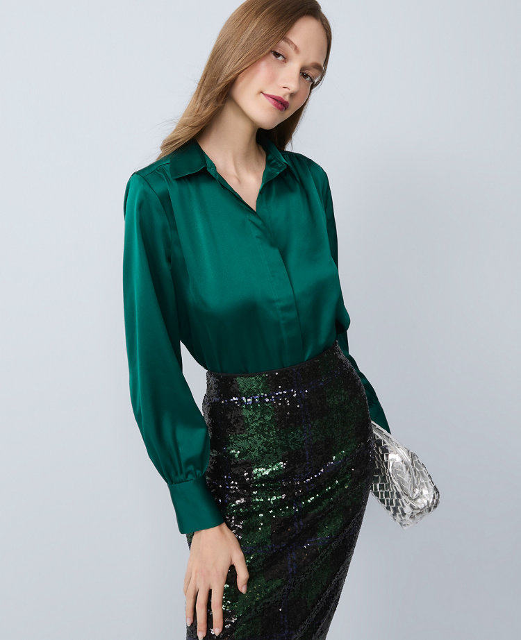 Ann Taylor Collared Shirred Yoke Button Down Shirt In Green