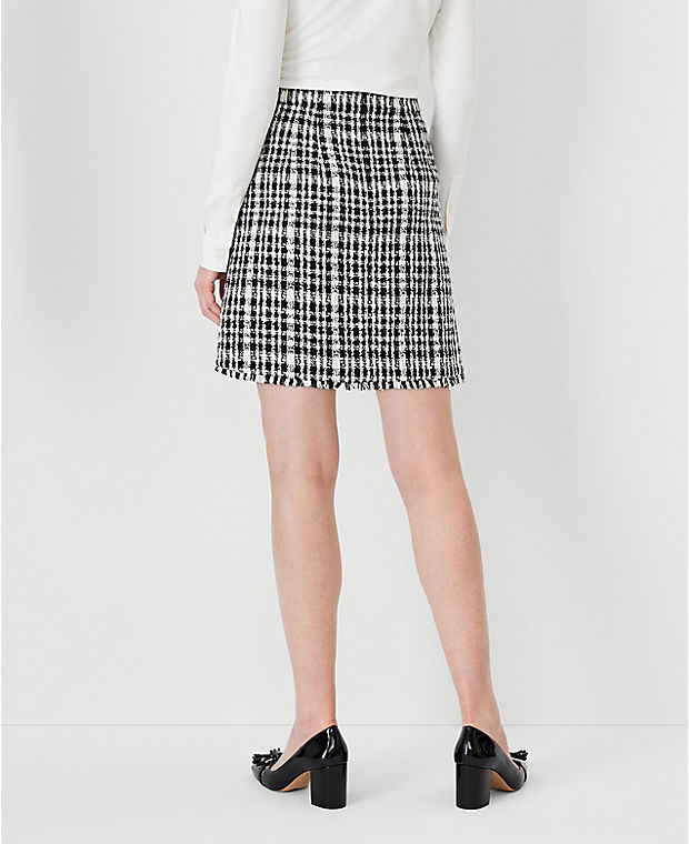Fringe Tweed Button Tab A-Line Pocket Skirt