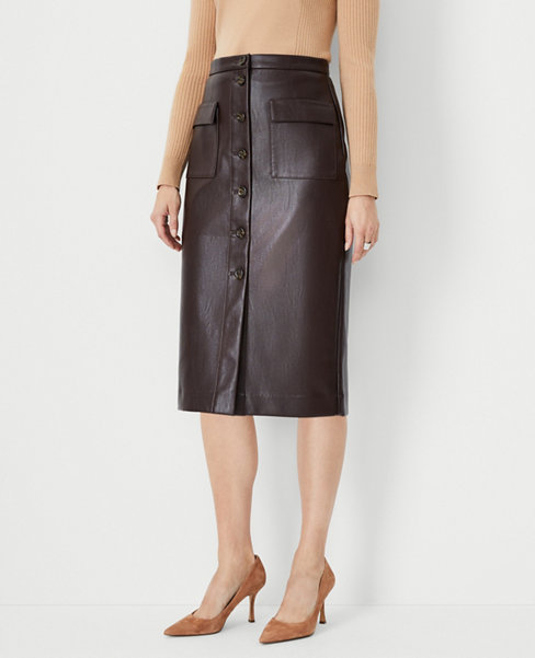 Pebbled Faux Leather Button Pocket Pencil Skirt