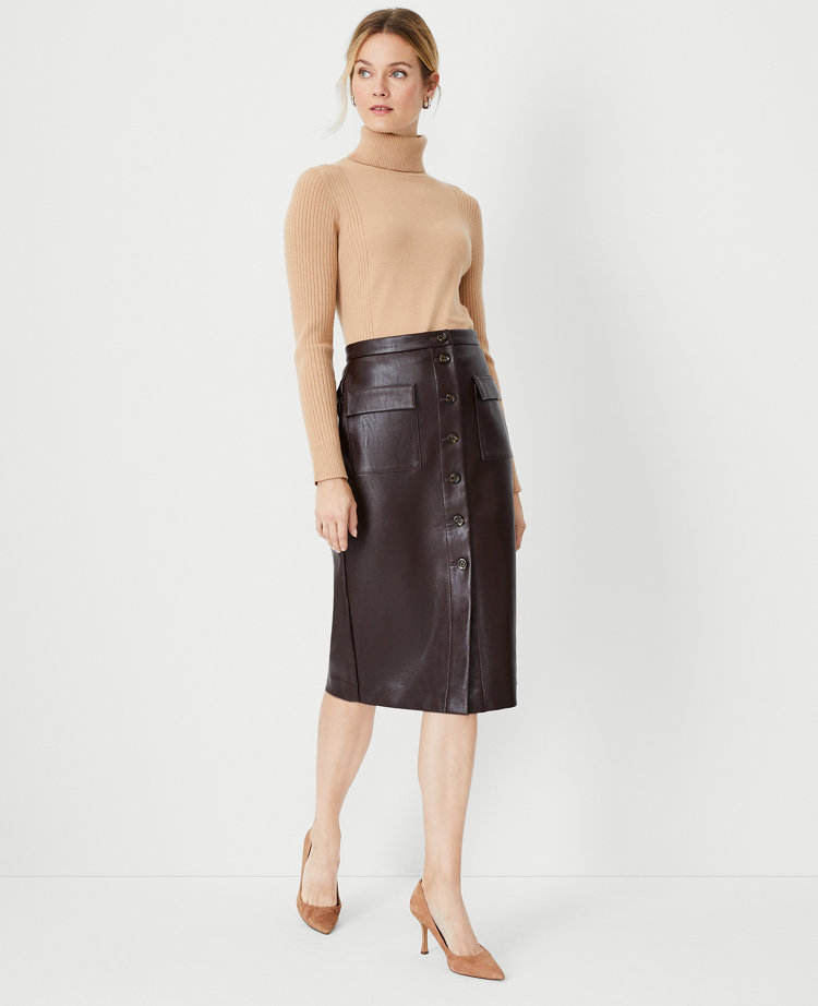 Pebbled Faux Leather Button Pocket Pencil Skirt