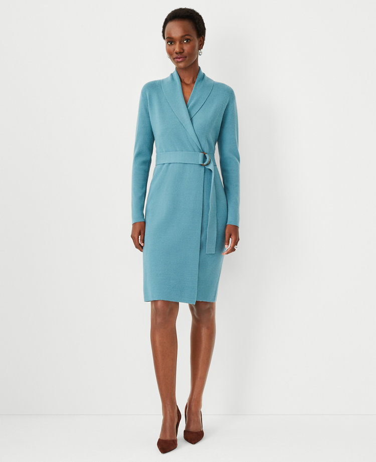 Shawl Collar Belted Wrap Sweater Dress