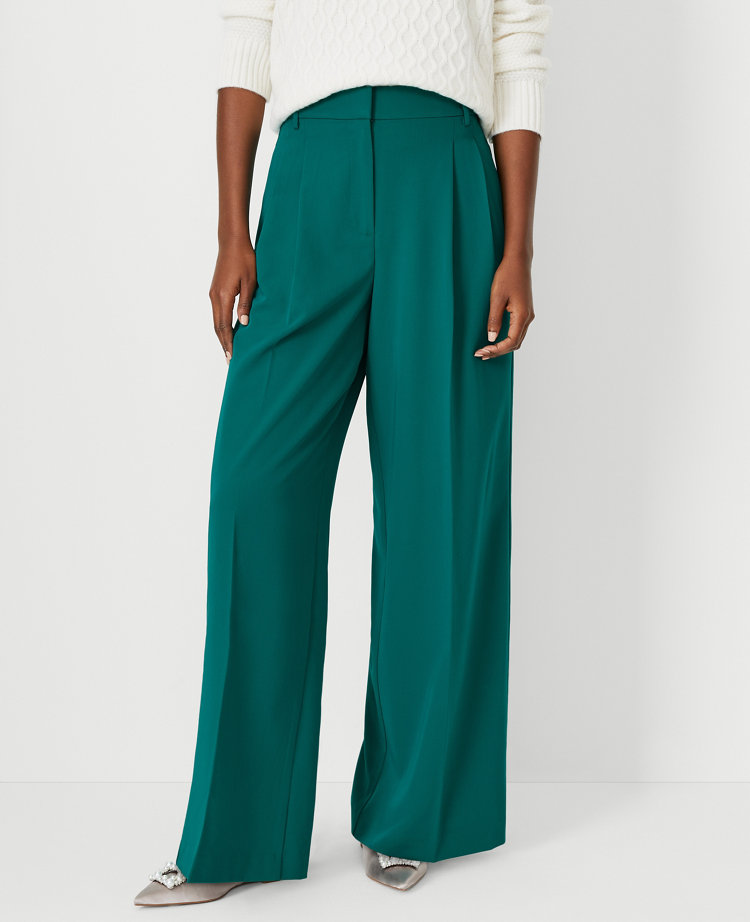 Dark Green Double Belted Pleated Trousers