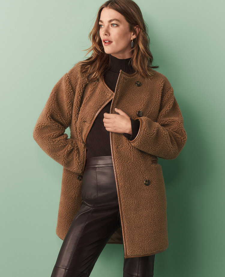 Faux Leather Trim Sherpa Coat