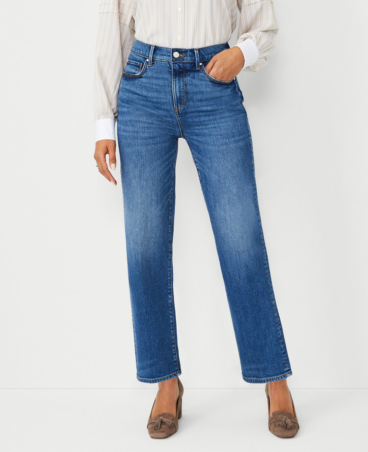 Signature 8 front seam straight leg jean in mid wash