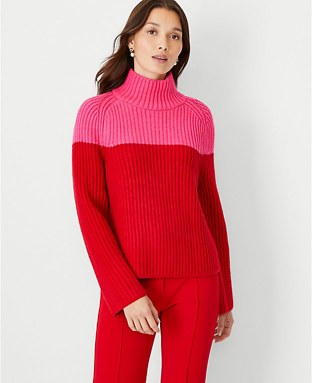 Colorblock Ribbed Turtleneck Relaxed Sweater