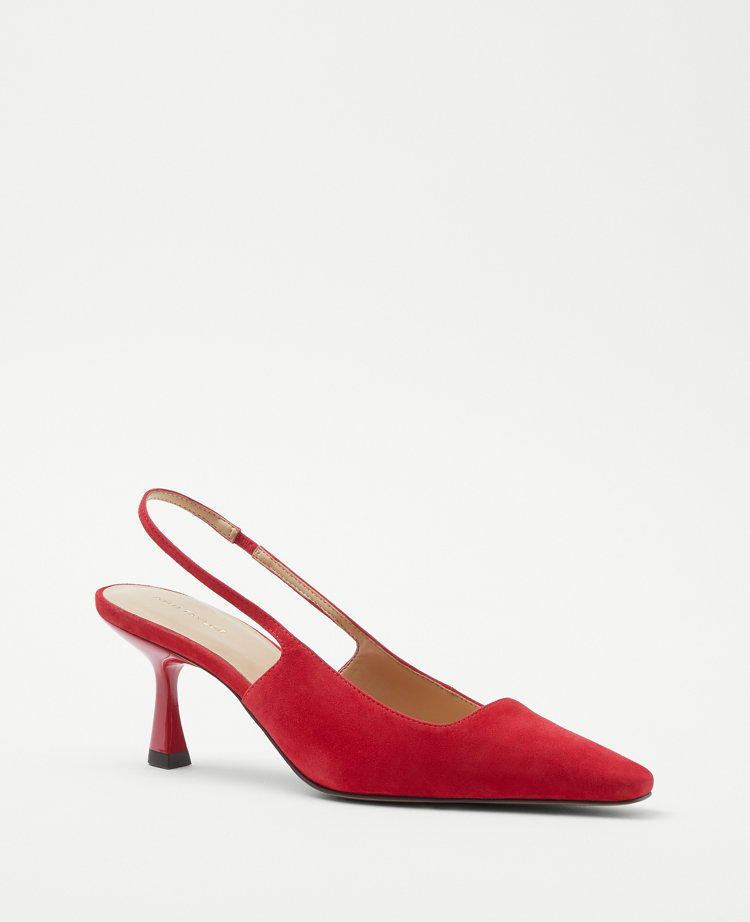 Ann Taylor Suede Square Topline Slingback Pumps Size 5 1/2 Cardinal Red Women's