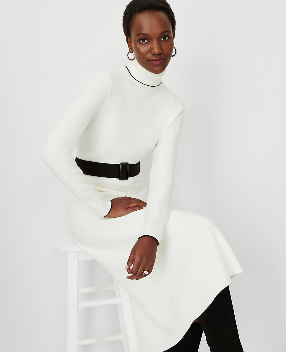 Tipped Belted Turtleneck Sweater Dress