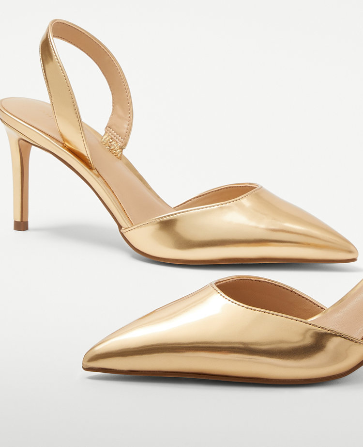 Metallic Patent Straight Heel Slingback Pumps