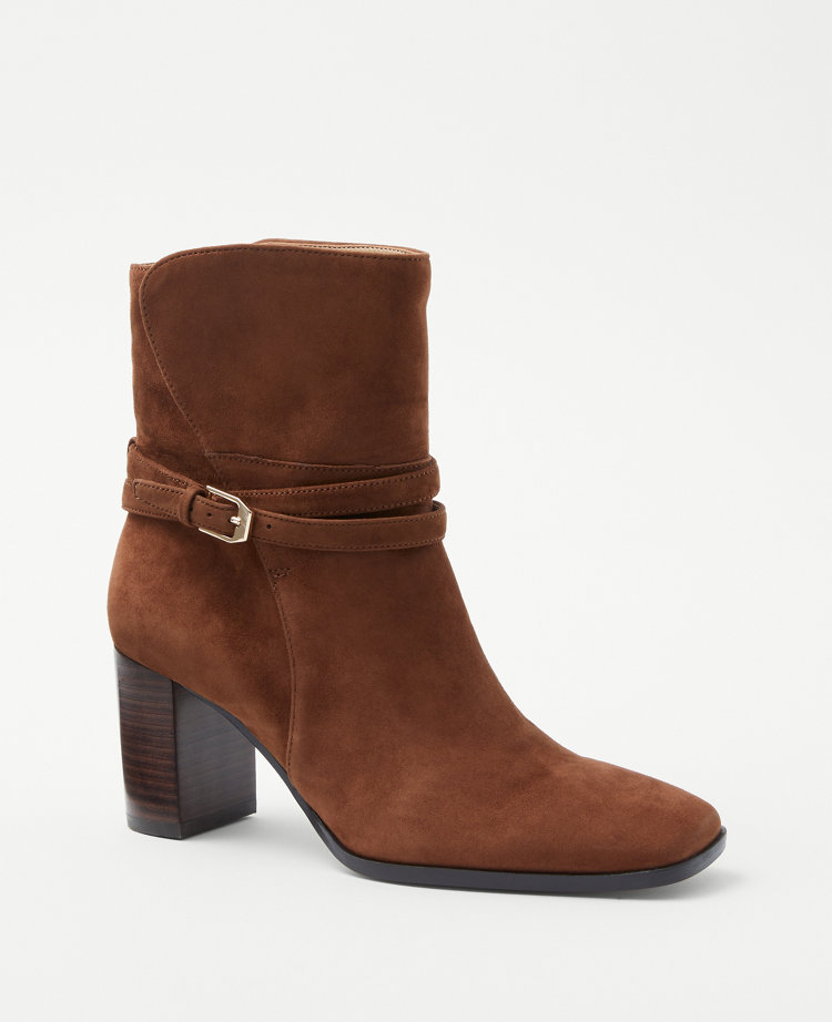 Wraparound Buckle High Block Heel Suede Boots