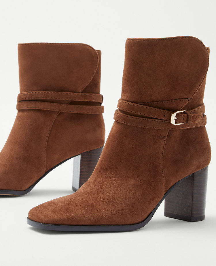 Wraparound Buckle High Block Heel Suede Boots