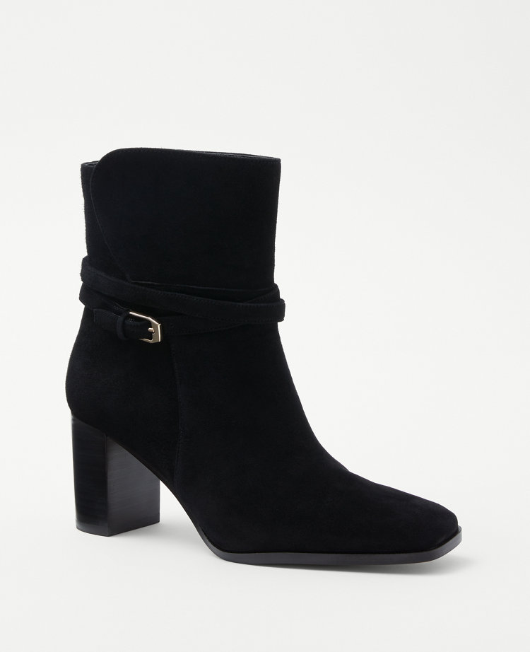 Wraparound Buckle High Block Heel Suede Boots