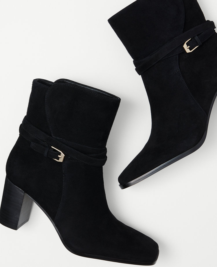 Wraparound Buckle High Block Heel Suede Boots