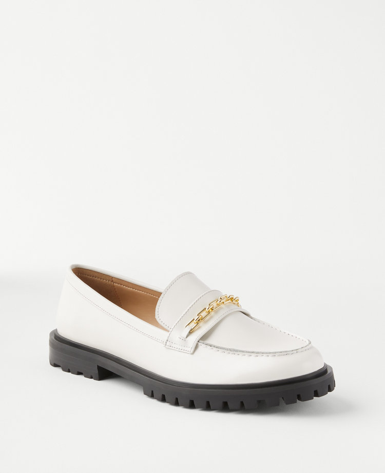 Ann Taylor Chain Leather Loafers Winter White Women's