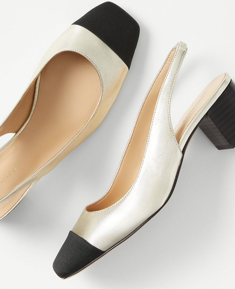 Metallic Leather Cap Toe Block Heel Slingback Pumps