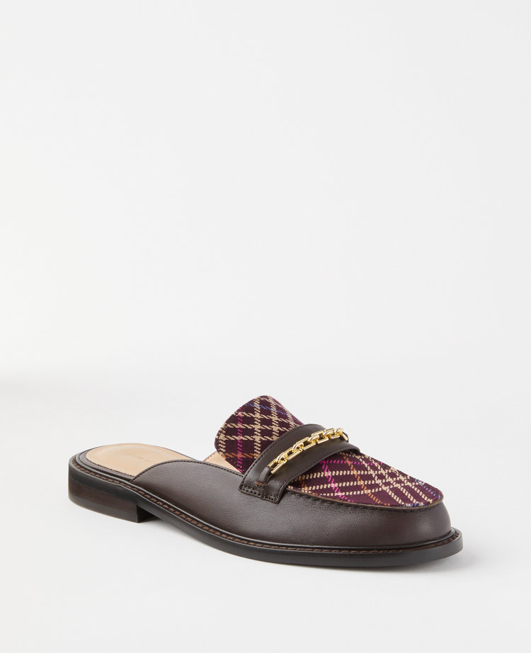 Ann Taylor Plaid Chain Loafer Slides Chocolate Women's