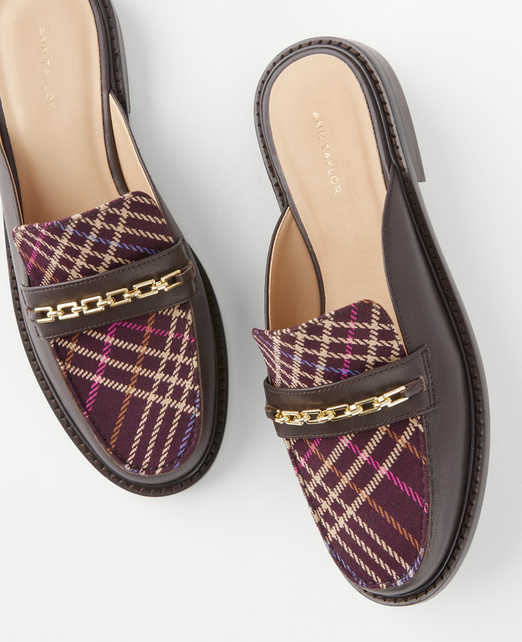 Ann Taylor Plaid Chain Loafer Slides Chocolate Women's