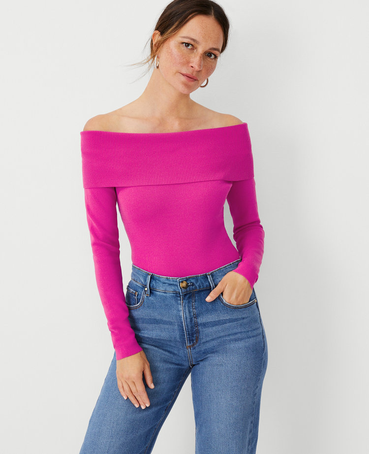 Ann Taylor hot pink mock neck long puff sleeve top - Depop