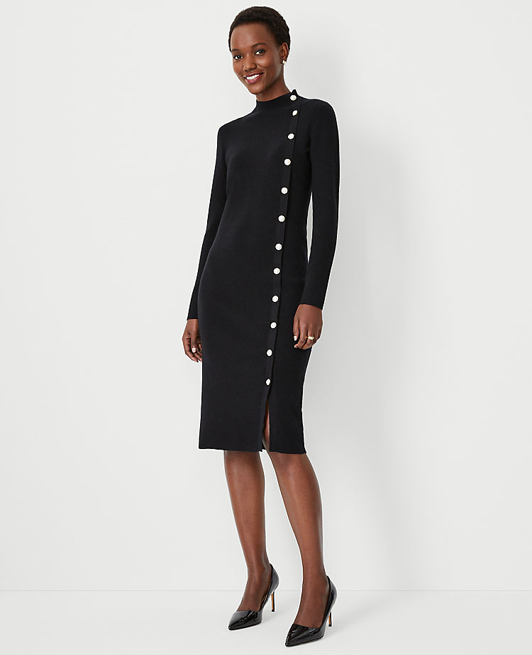 Pearlized Button Trim Ribbed Sweater Dress