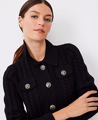 Ann Taylor Collared Cable Sweater Jacket In Black