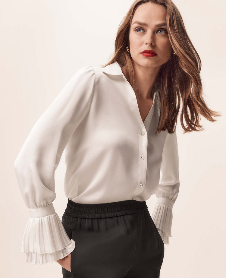 Crystal Button Pleated Cuff Shirt