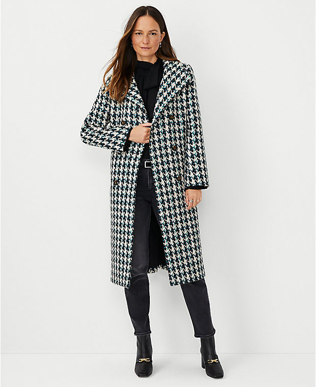 Houndstooth Funnel Neck Double Breasted Coat