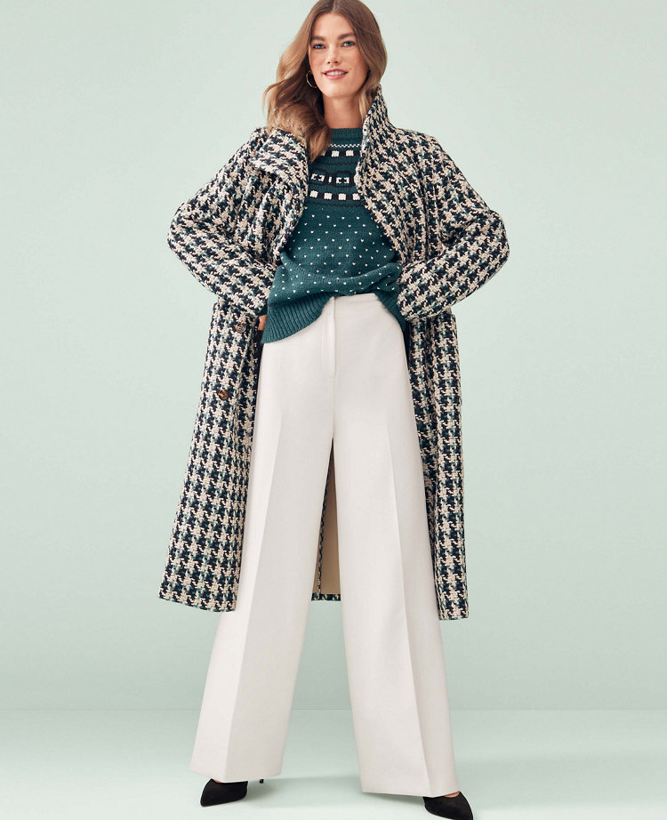 Houndstooth Funnel Neck Double Breasted Coat