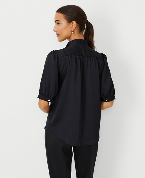 Crystal Button Pleated Mock Neck Top