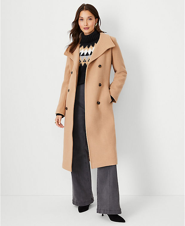 Wool Blend Belted Double Breasted Coat