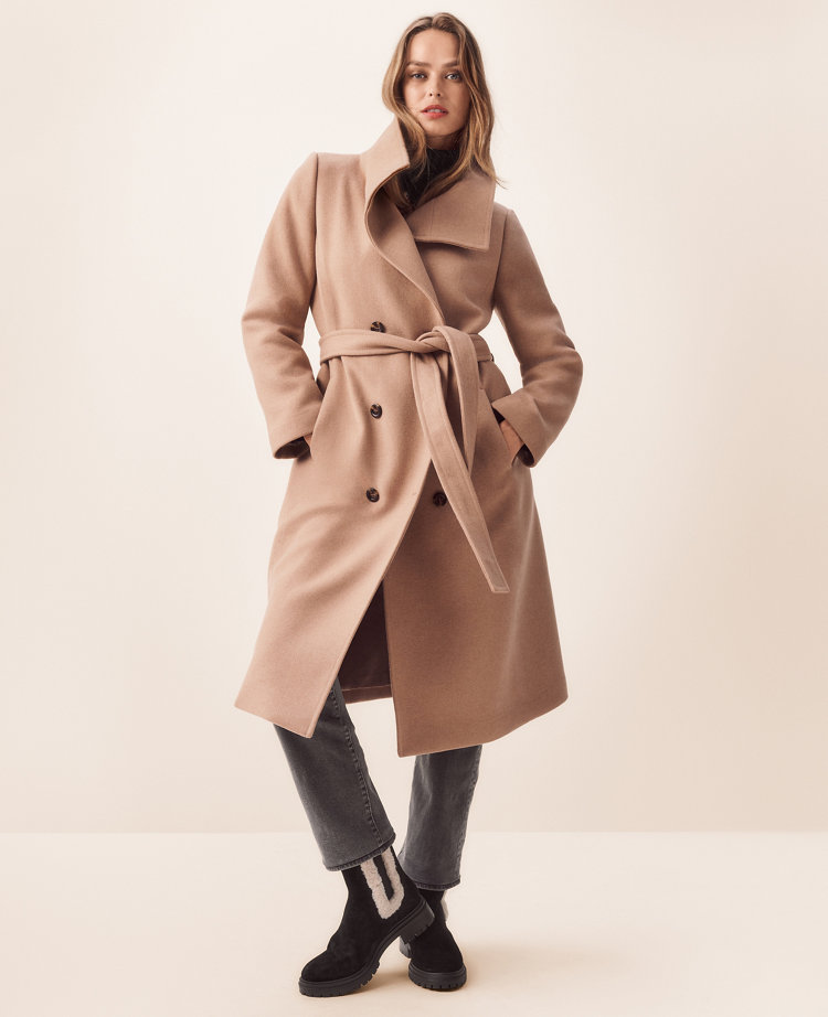 Wool Blend Belted Double Breasted Coat