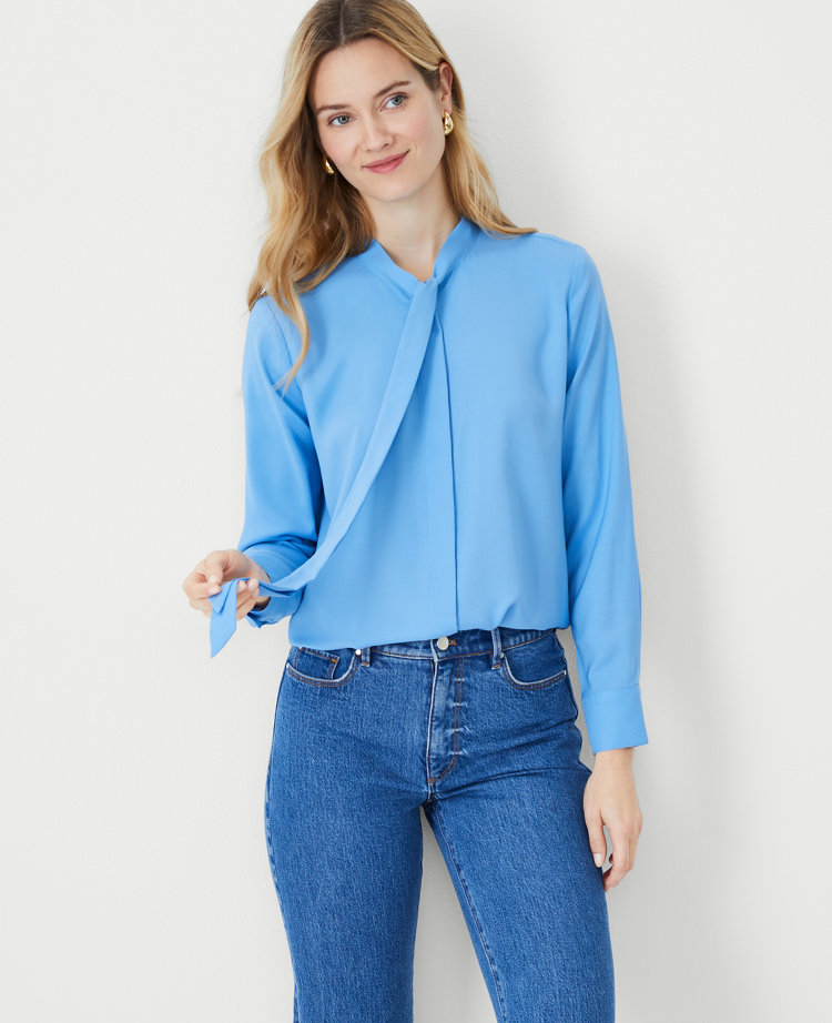 Ann Taylor Tie Neck Blouse Pure Azure Women's