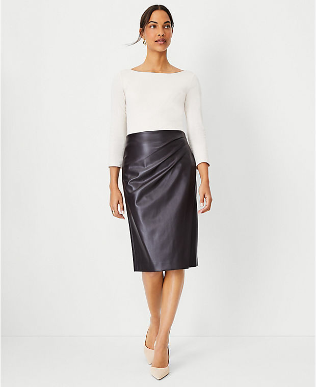 Petite Faux Leather Side Tucked Wrap Pencil Skirt