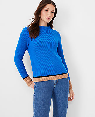 Ann Taylor Colorblocked Mock Neck Sweater In Blue Multi