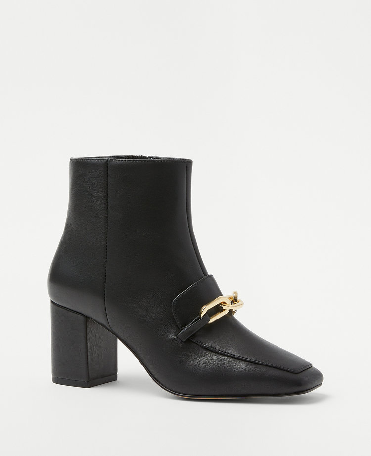 Chain Block Heel Leather Booties