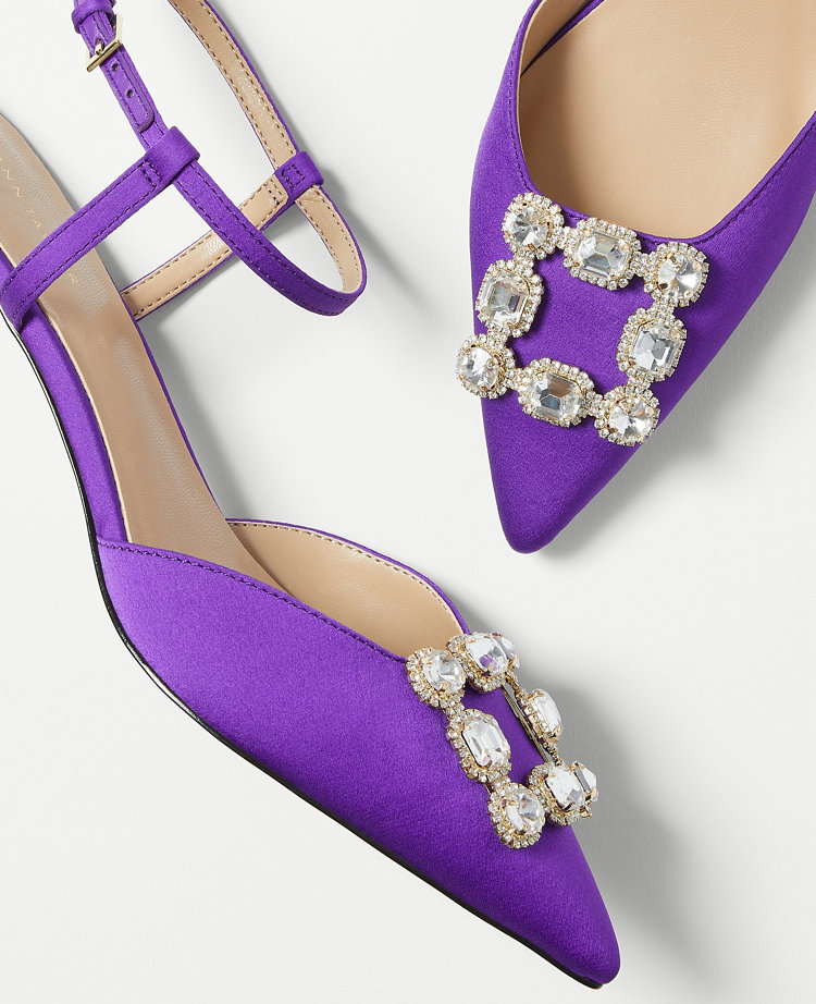 Crystal Buckle Satin Kitten Heel Pumps