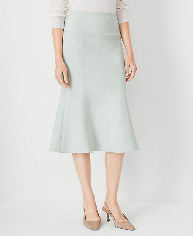 Petite Faux Suede Seamed Flare Midi Skirt