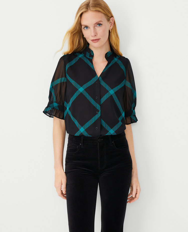 Plaid Ruffle Button Top