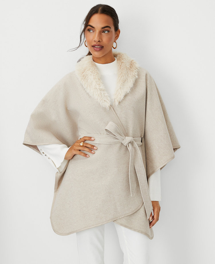 Faux Fur Collar Wrap Poncho