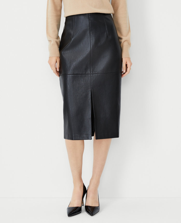 Ann Taylor Petite Pebbled Faux Leather Seamed Pencil Skirt Black Women's