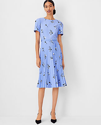 Ann Taylor Floral Pleated Belted Flare Dress In Pure Peri