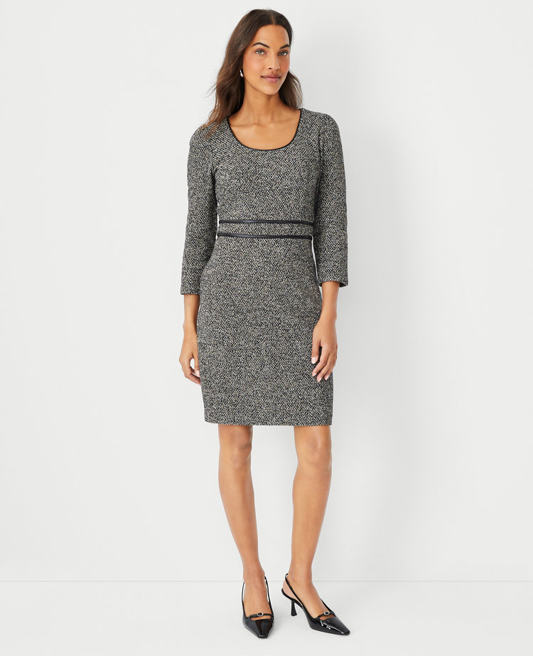 Faux Leather Trim Boucle Sheath Dress