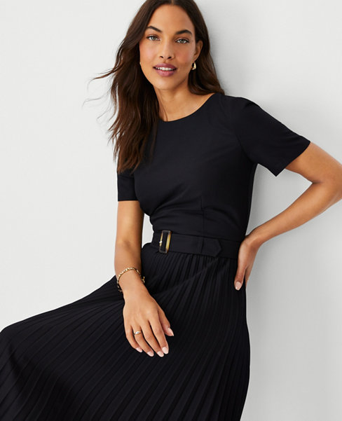 Petite Belted Pleated Flare Dress