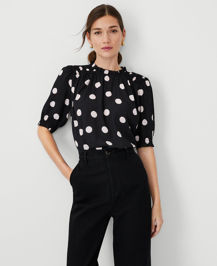 Dotted Mixed Media Ruffle Neck Top